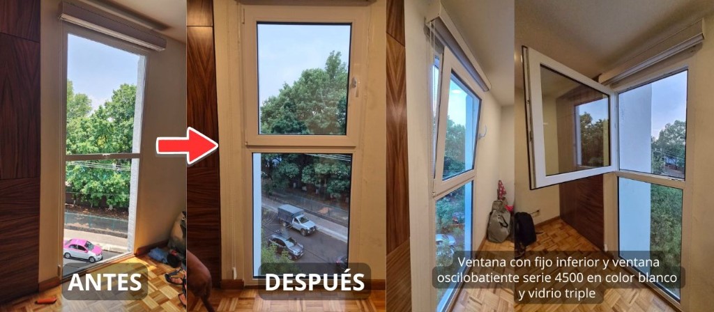 Antes y después: instalación de ventana oscilobatiente serie 4500 con fijo inferior, vidrio triple y reducción de ruido exterior